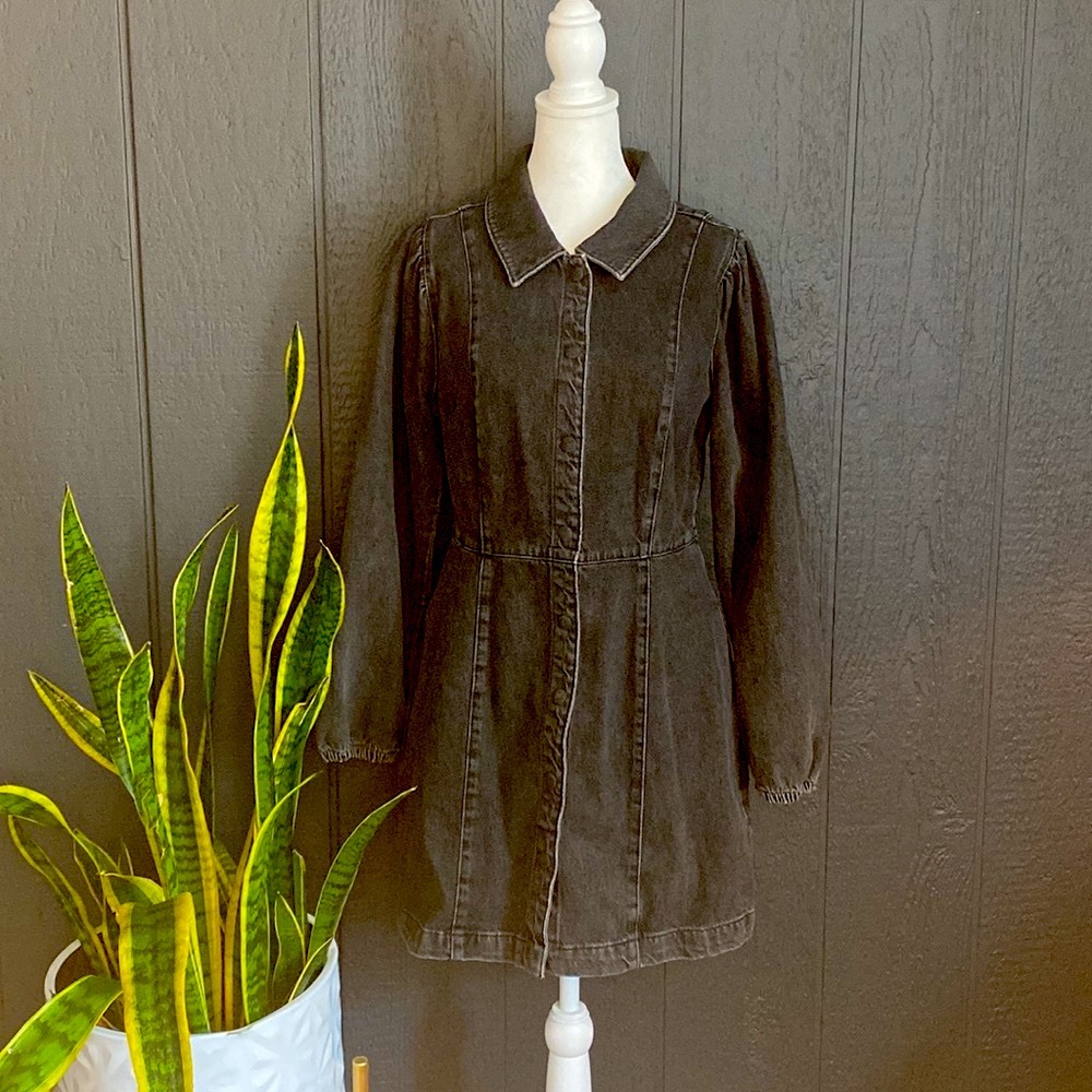 FreePeople Black Denim Puff Sleeve Dress